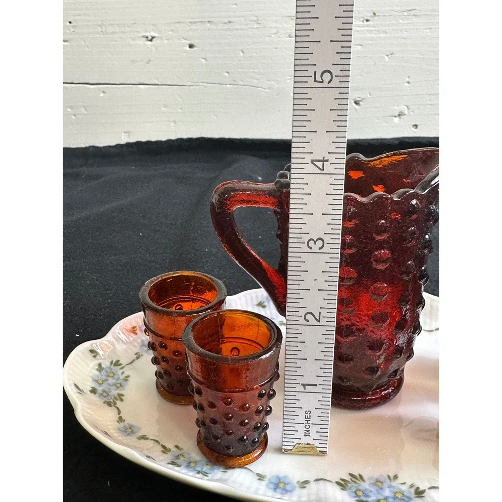 Amber Hobnail Glass Miniature Pitcher and 4 Shot Glasses Set Mid Century